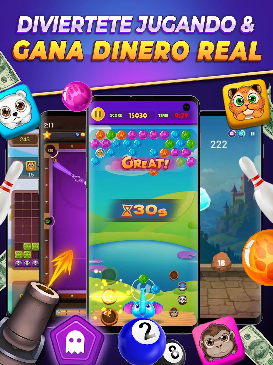 EgoGames promotional artwork showing several mobile games, including a colourful bubble game.