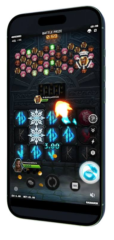 Ragnarok mobile game displayed on a phone, with glowing symbols, ice and fire effects.