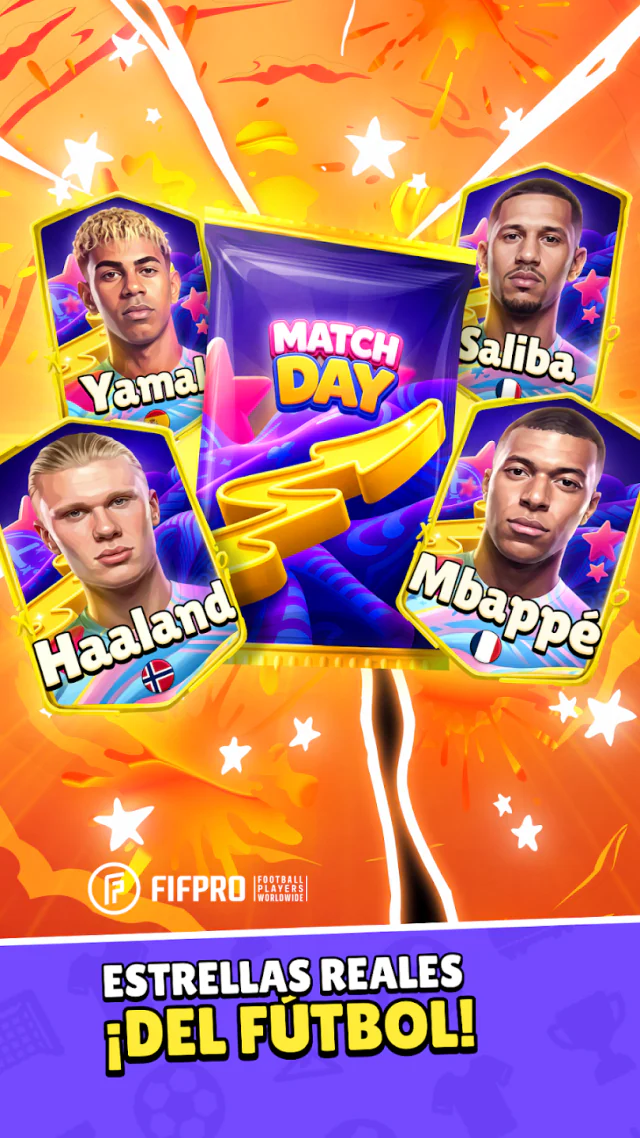 Match Day promotional image with a card pack and cards for Yamal, Saliba, Haaland and Mbappé.
