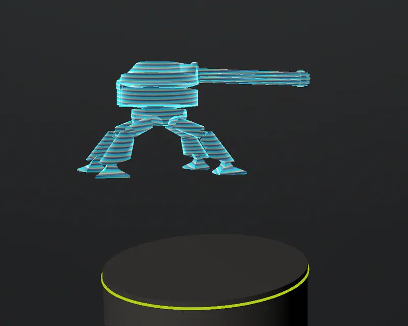 Mech turret drawn as a blue hologram with scan lines.
