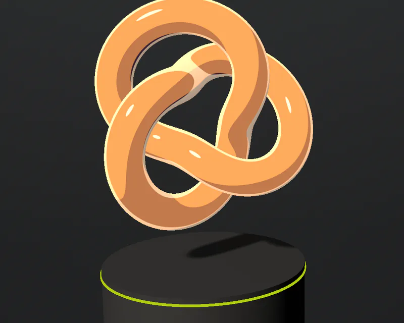 Orange trefoil knot with cel shading and a hard highlight.
