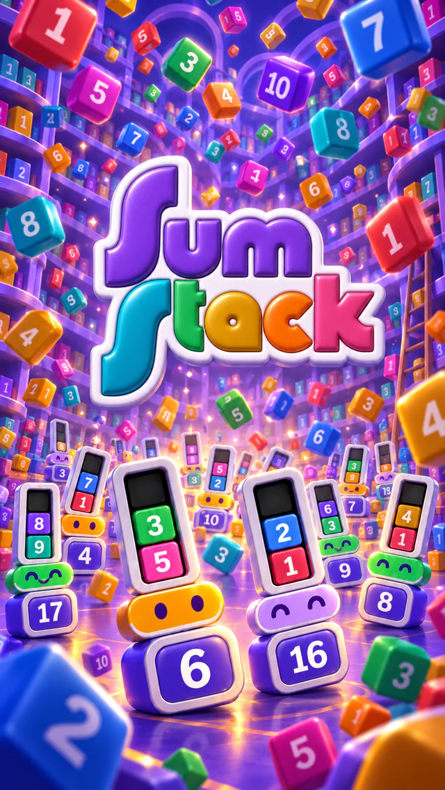 Sum Stack artwork with colourful numbered blocks and smiling stacks in a purple library.