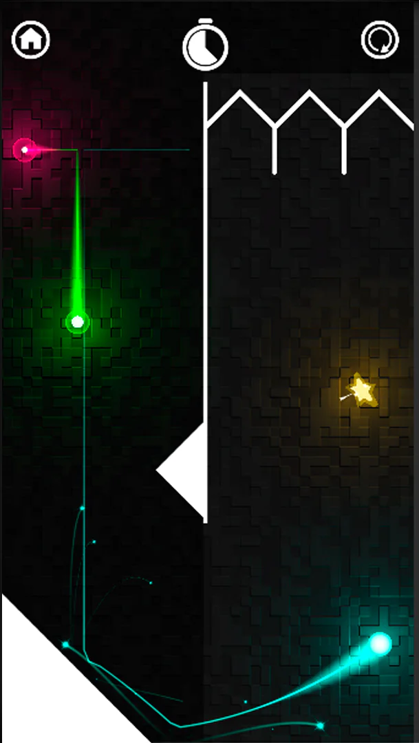 Tritap gameplay with cyan, green and pink trails beside a tall white divider and a yellow star.